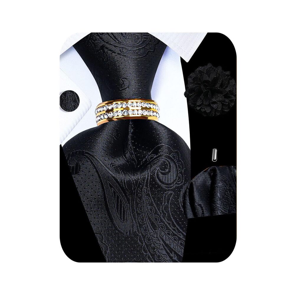 6829 5PCS Black Paisley Silk Tie, Pocket Square, Cufflinks, Drilled Tie